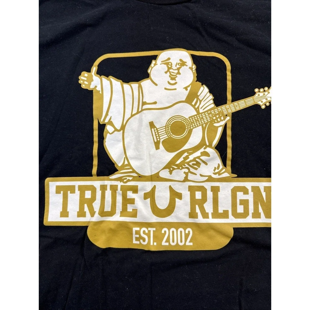 True Religion Buddha Guitar Logo Black Short Sleeved T-Shirt Men's Size XL